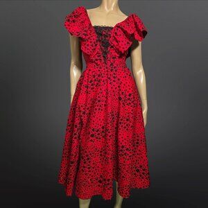 Vintage 80s Red Leopard Print Midi Dress Size S Tie Back Ruffled New Wave